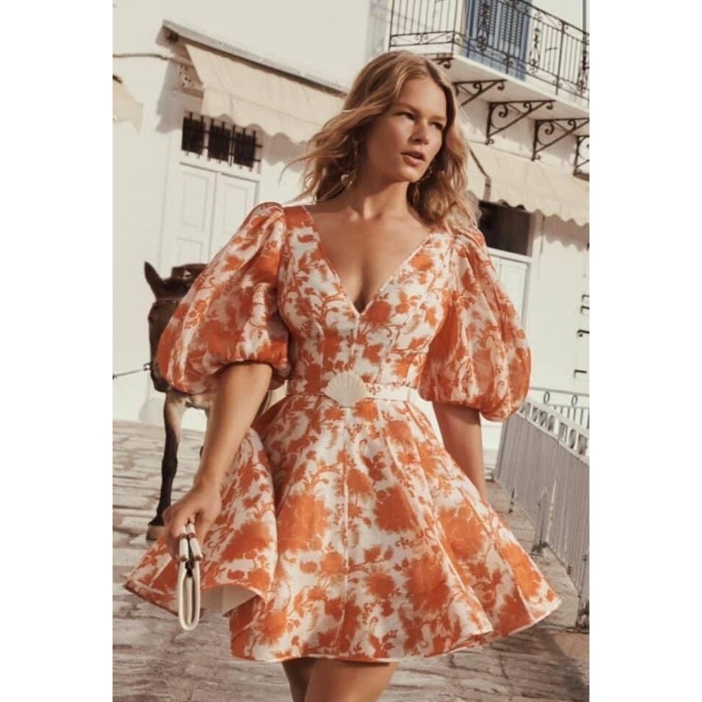 Zimmermann Orange and White Floral Puff-Sleeve Mini Dress